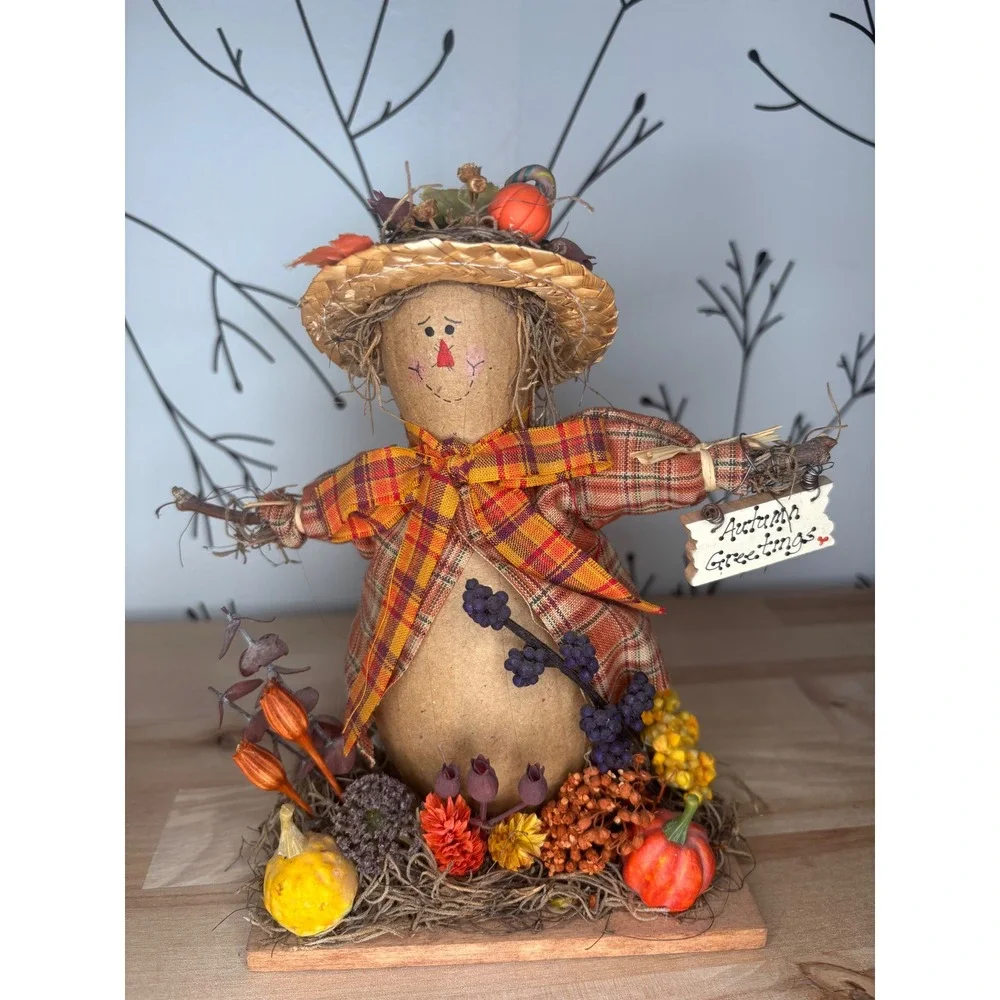 Rustic Autumn Greetings Scarecrow Figurine Plaid Fall Thanksgiving Decor 8.5